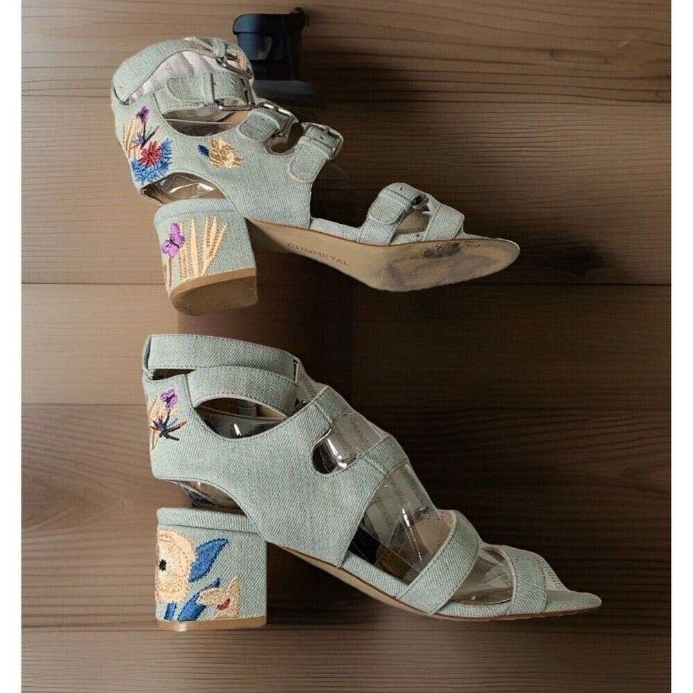 GUN METAL Denim Blue Shoes‎ Embroidered Heels 8M Ankle Strap Buckles Sandals